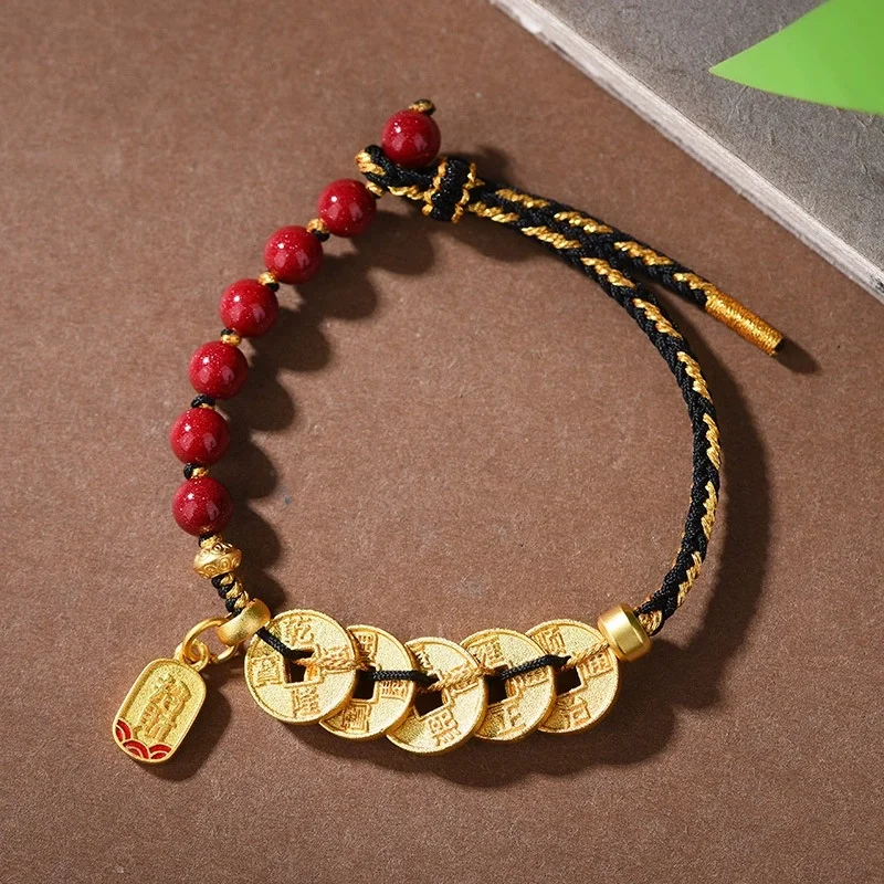 Five Emperor Coins Colorful Hand Rope Rich Lucky Fortune Cinnabar Crystal Bracelet Handmade Braided Ancient Style Accessiers