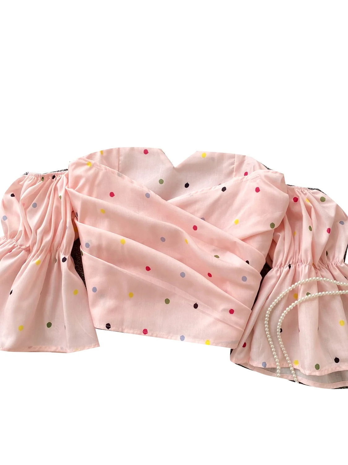 Été 2025 femmes coupe ajustée à pois bustier tubulaire irt oulder Bellsve trajet Sle Version coréenne ort Sve irt