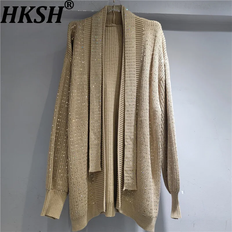

HKSH Autumn Winter New Women Puff Sleeve Sweater Coat Versatile Loose Lazy Style Heavy Craft Diamonds Fashion Open Stitch HK8992