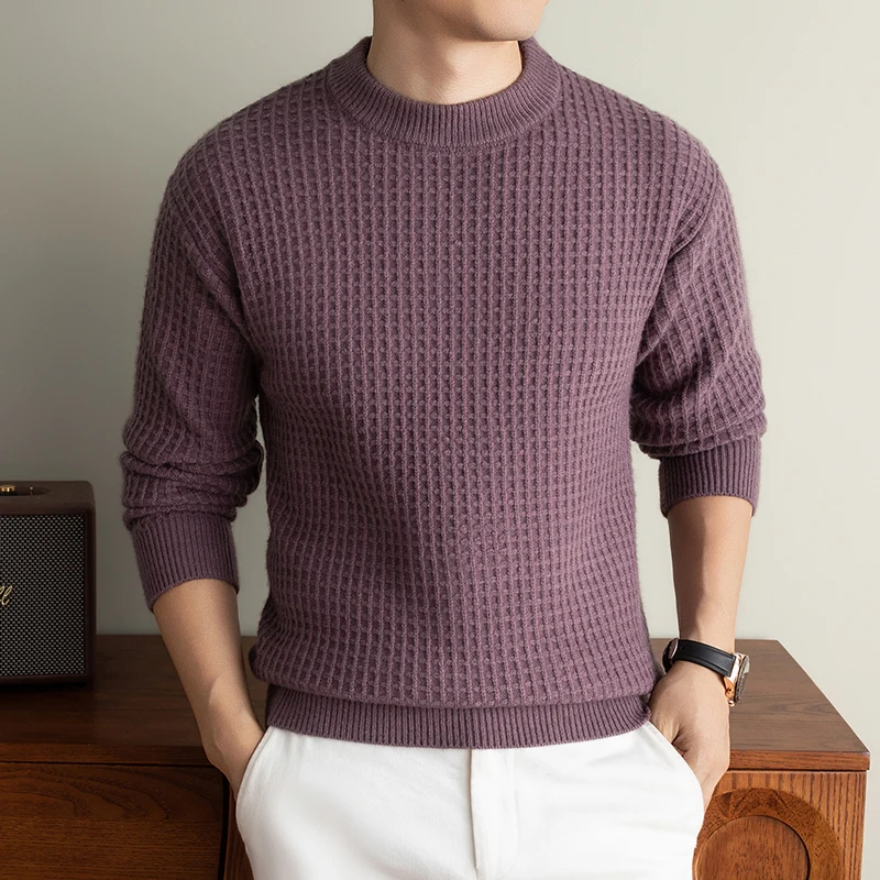 Personality solid color checkered jacquard knitted pullover men's luxury comfort thicken warm autumn winter round neck sweater