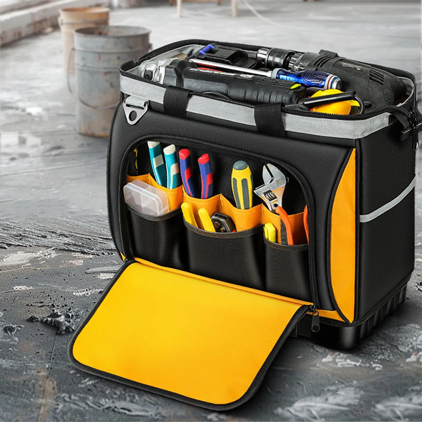 Electrician Tool Bag Multi-Pockets Electrician Caddy With Waterproof Hard Base Drill Bag For Home Repairs Garage Storage
