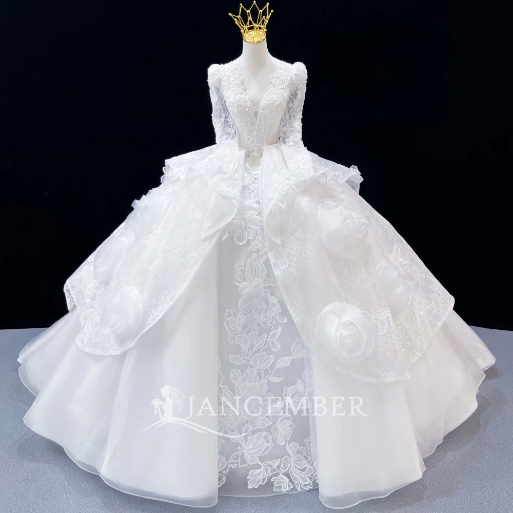 Long Sleeves Wedding Dress V-neck Customized Royal Train Bridal Gown Princess Floor-Length Ruffles Custom Vestido De Novia