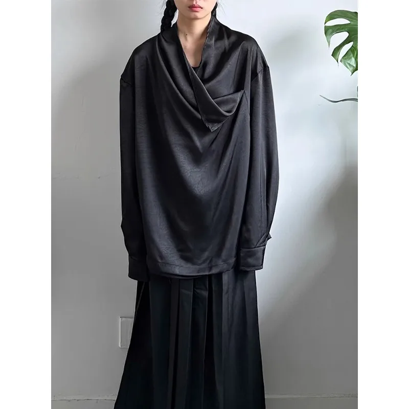 

SuperAen простые черные рубашки для женщин, весна 2023, новый корейский стиль, свободный повседневный дизайн, асимметричные драпированные рубашки