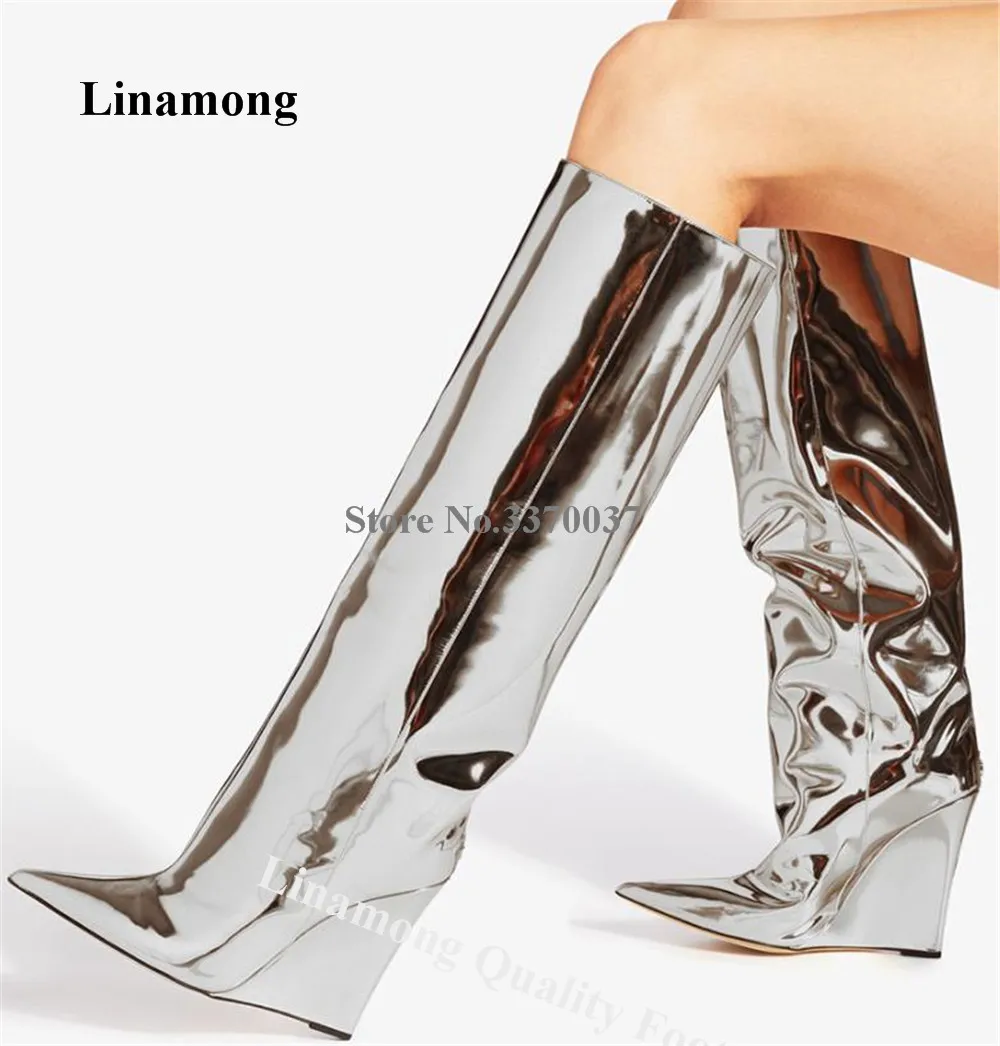 Linamong Silver Gold Mirror Patent Leather Wedge Knee High Boots Shining Pointed Toe Slip-on Long Wedges Party Heels