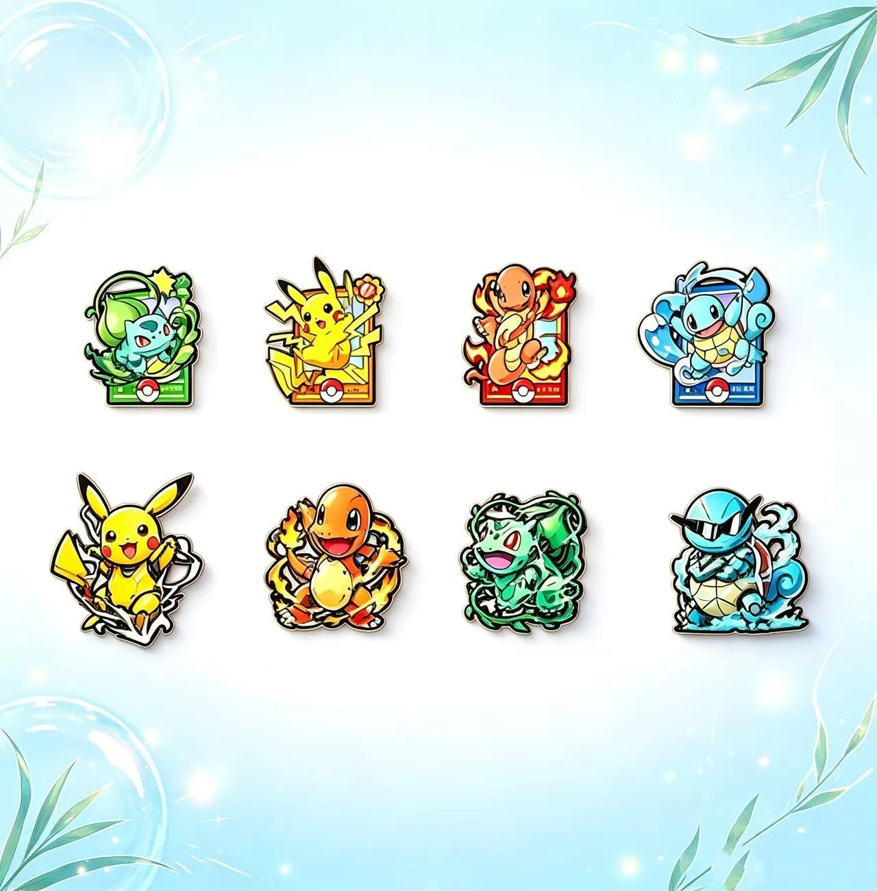 8Pcs Card Style Fantasy Animal Brooch Set, Fire Water Grass Monster Badges for Fans Collection Accessory