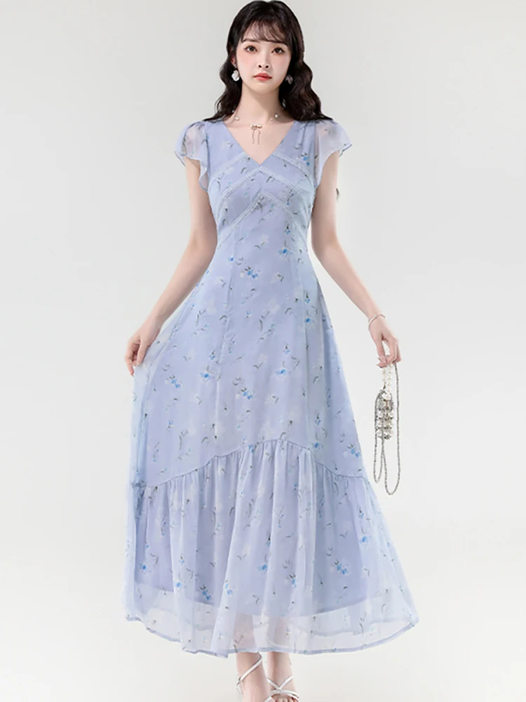 

2025 New Blue Floral Chiffon Patchwork Lace Chic Dress Summer Short Sleeve V-Neck Holiday Dress Women Korean Elegant Long Dress