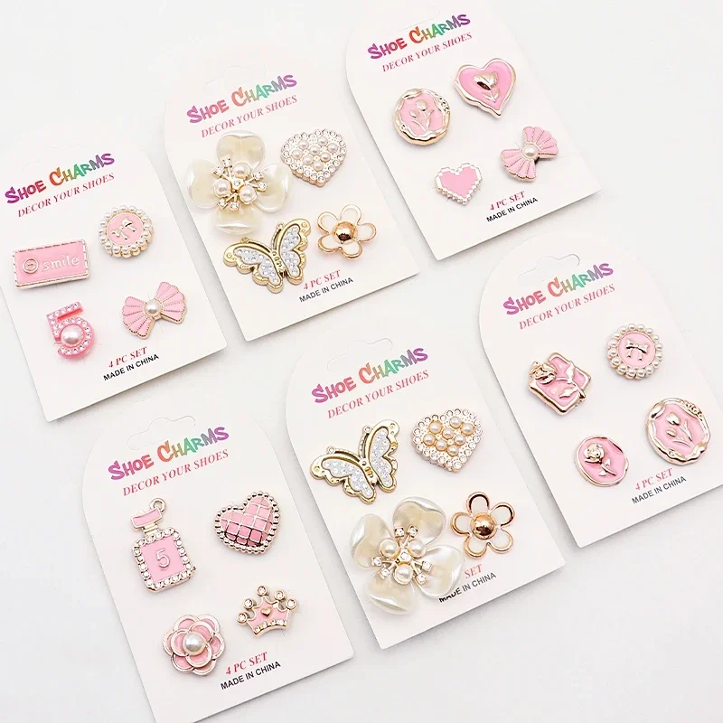 Metal Pearl Shoe Charms Butterfly Floral Rhinestone Chain Decorations Removable DIY Ornaments for Clog Sandals Hole Shoes Girls