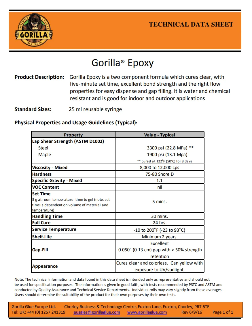 غوريلا إيبوكسي شفاف 25 مل لاصق مكون من جزأين مقاوم للمذيبات معالج مرة واحدة