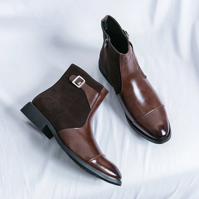 

38-46 Boots Men Splicing Black Brown Side Zipper One Step Business Fashion Brand Chelsea Boots European Training Boots