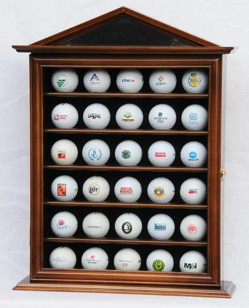 

30 Golf Ball Designer Display Case Cabinet Holder Wall Rack, Walnut