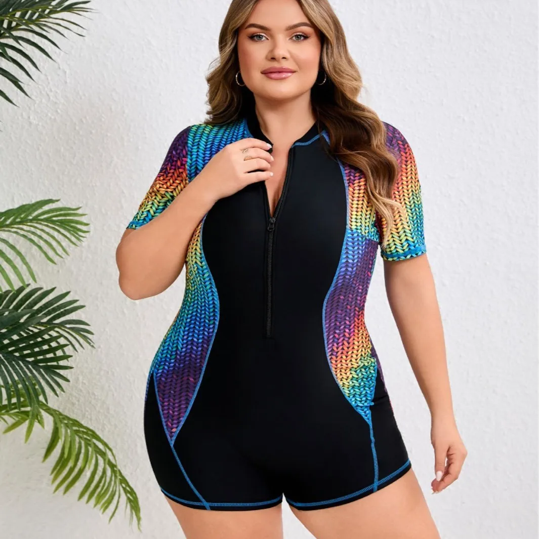Plus Size Rainbow Weave Patchwork One Piece Swimsuit Short Sleeve Front Zip Boy Short Tummy Control UPF Sport Beach Bathing Suit