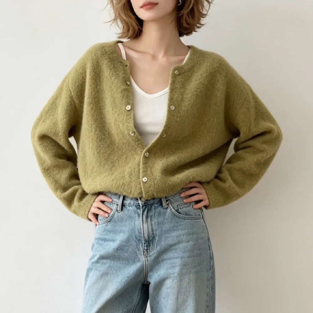 2 colors Women Shaggy Knitted Cardigan Round Collar Single-breasted Buttons Sweater Long Sleeve Knitwear Short Jumper Green Pink - view 3