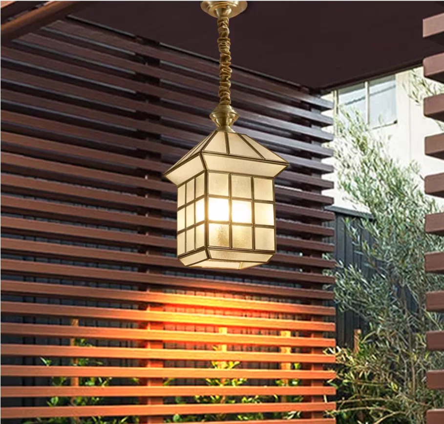 Waterproof Balcony Frost Glass Pendant American Pendant Light W14cm H30cm Stairway Corridor Home Garden Bronze Carnival Pendant