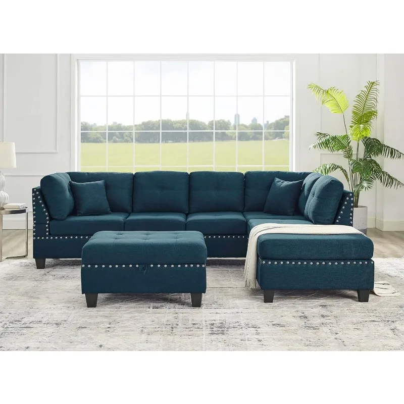 Juegos de muebles para sala de estar, sofá seccional con almacenamiento otomano, 2 almohadas en forma de L y Chaise Reversible Extra ancho, sofá tapizado