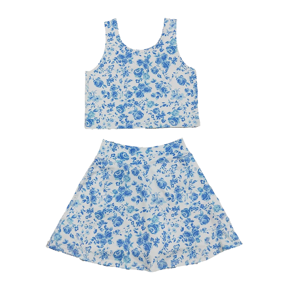 

9.26 Baby Girls Summer Blue Flowers Print Vest Top Shorts Skirts Yoga Activity Set