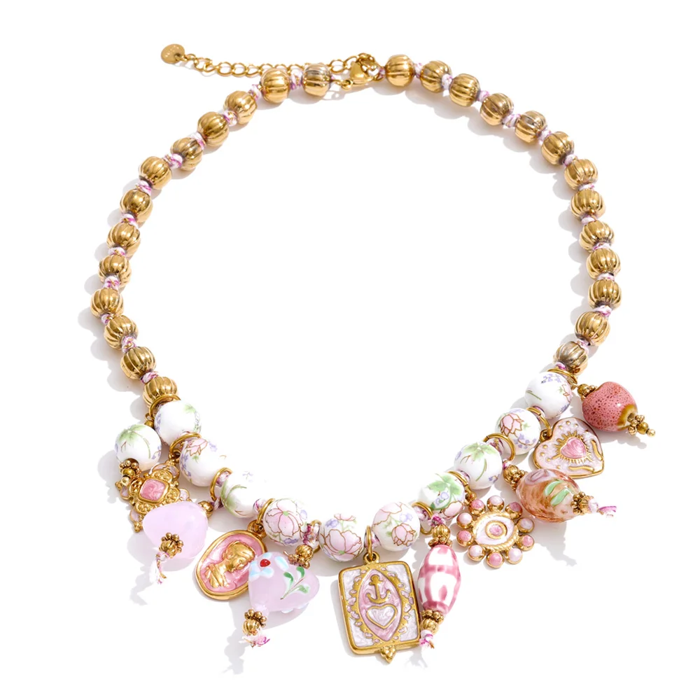 Women's Handmade Beads Chain Ceramic Heart Eye Drop Necklace Bracelet Set