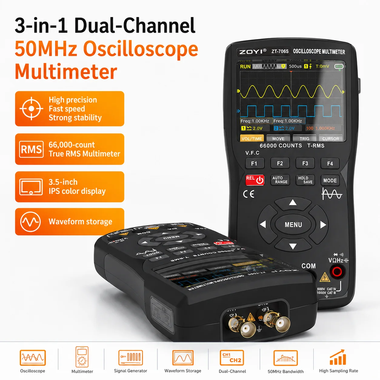 ZOYI ZT-706S 3-in-1 Handheld Scope Multimeter Signal Generator 50MHz 280MS/s Dual Channel VFC Measurement Portable Repair Tool