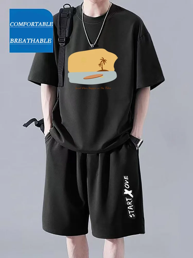 

2025 Men's Stylish Summer Suit T-shirt Lightweight Breathable Fast Dry Comfortable Short Sleeves + Stylish Coconut Tree Print