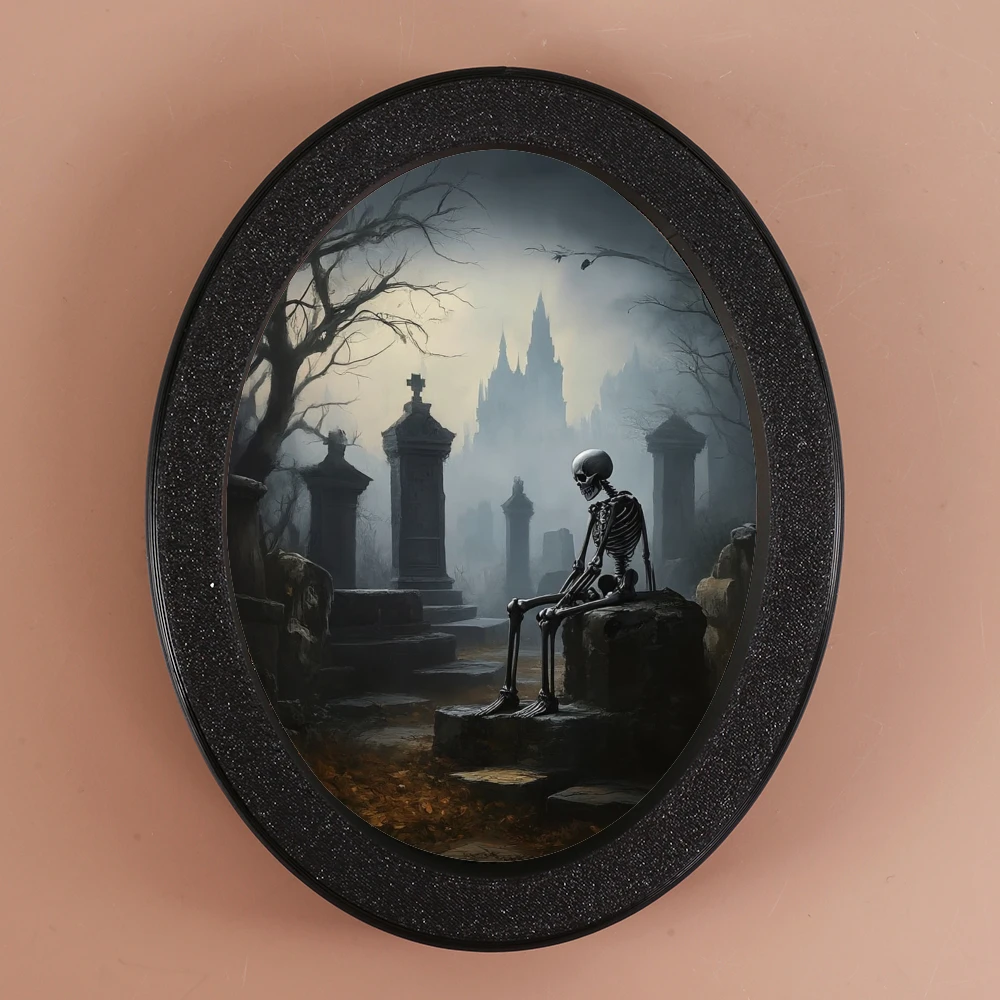 1-teiliges ovales dekoratives Ornament im dunklen Stil mit Totenkopf-Elemente, Friedhof und altem Schloss, passend für Gothic-Stil im Raum