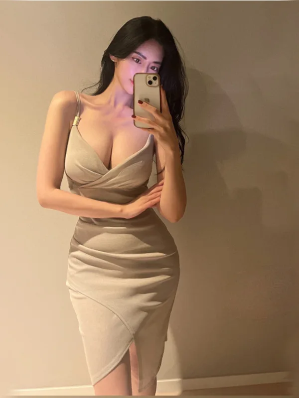 

Korean Version New Sexy V-neck Backless Sling Dress Women's Irregular Cinching Waist Wrap Hip Slim Long Dress