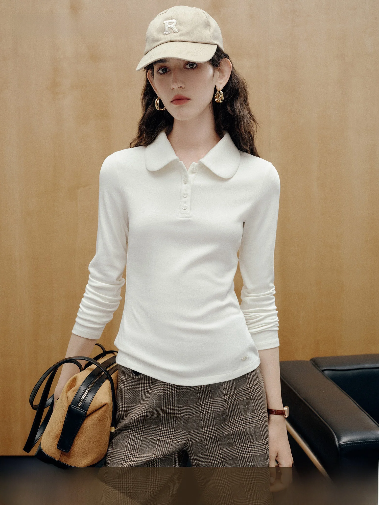Famanxun Women's Slim Fit Long Sleeve Wool T-Shirt White Doll Collar Base Layer Wear Underwear Commute Daily Pure Color Knitted