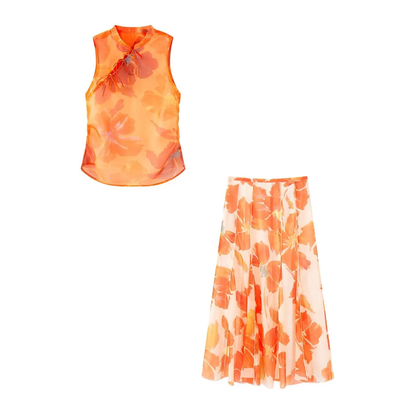 Women's Island Bow Print Top and Midi Skirt  Flower Printed Mid Waisted Side Zipper A-line Skirt Fashion Female Casual