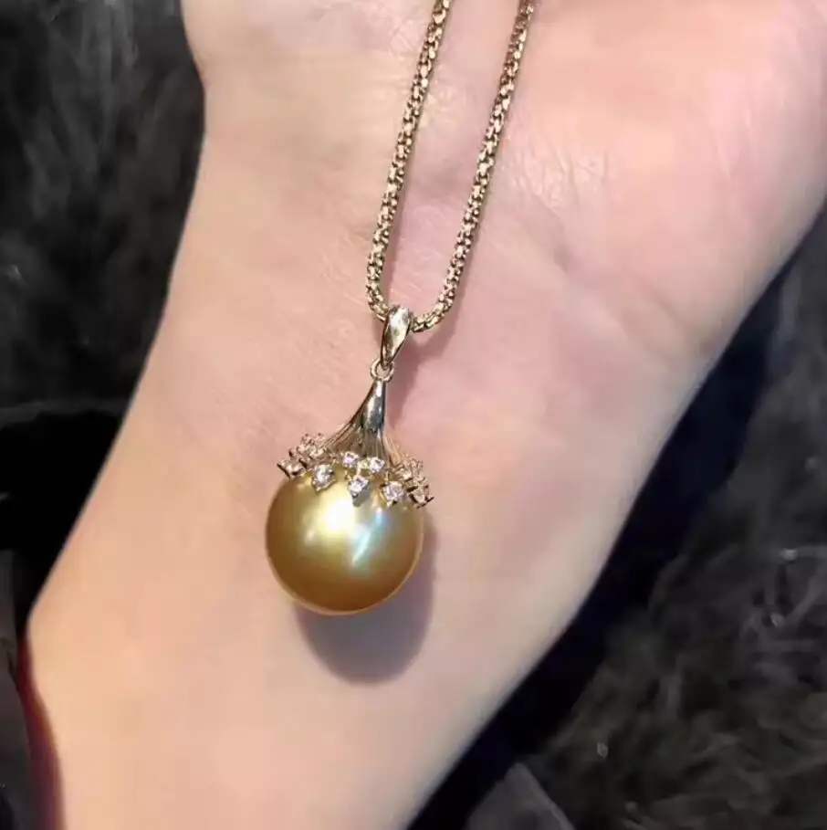 

gorgeous huge 11-12mm south sea gold pearl pendant silver necklace pearl necklace jewelry pendant