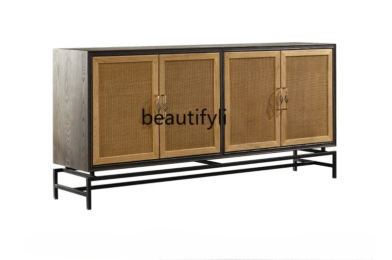 

Nordic modern simple retro solid wood dining side cabinet kitchen storage cupboard light luxury rattan wine cabinet