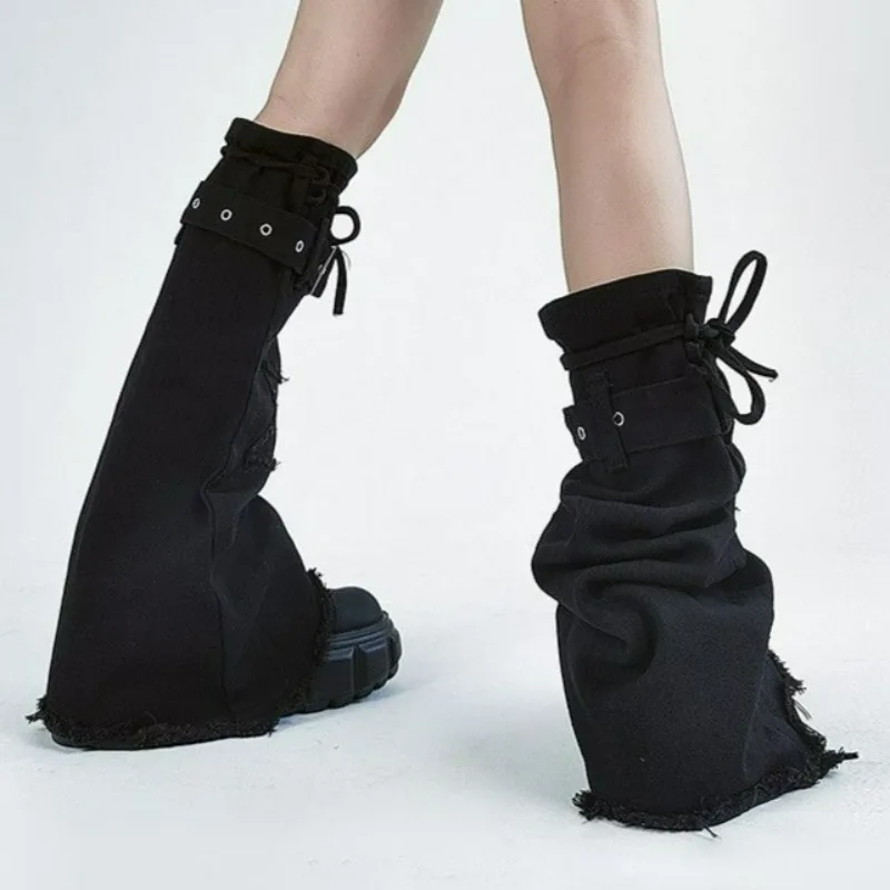 Gothic Cross Denim Women's Leg Covers Subculture Harajuku Embroidery Drawstring Strap Boot Socks Streetwear Legs Warms Covers