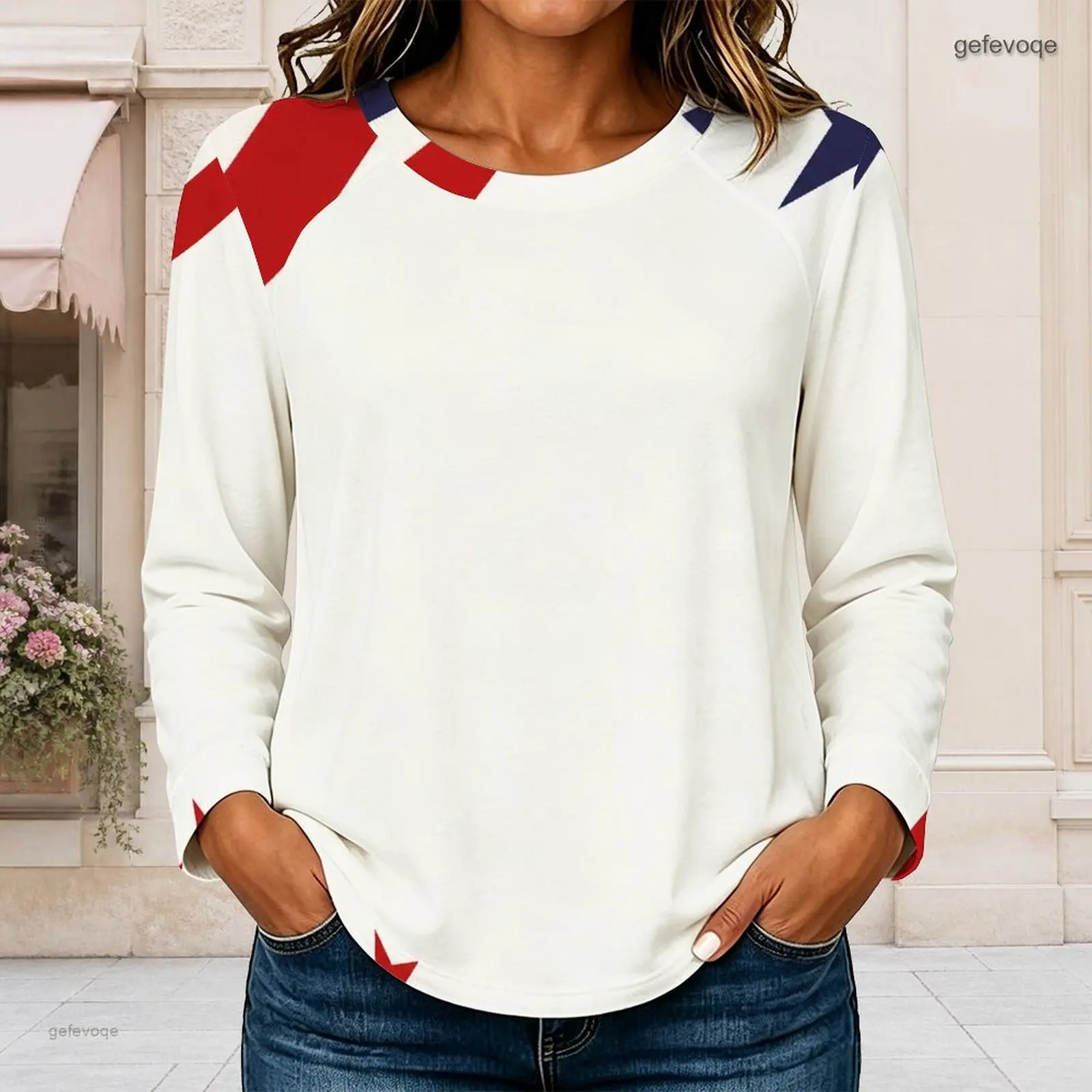 Women Off White Printed Top Red Navy Geometric Accents Round Neck Long Sleeve Curved Hem