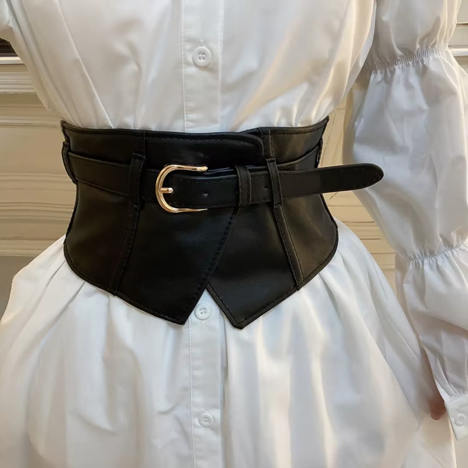 Women's Classic pin buckle wide belt, black elastic PU waistband, trendy corset and SPEELS, classic Circle