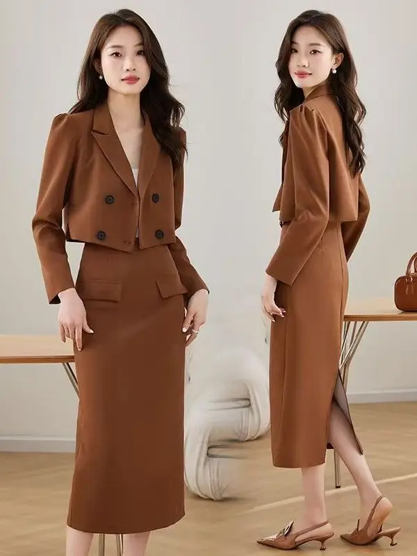 

Fashionable Autumn High Waist Slim Fit Two Piece Set with Double Breasted Blouse And Skirt Suit Office Commute Casual Wear