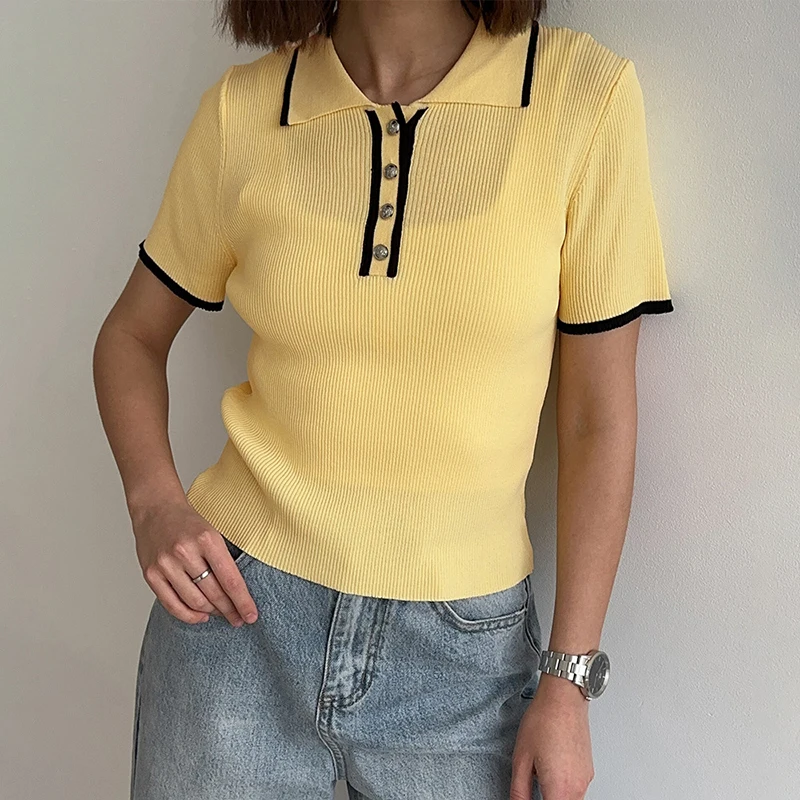 Tornova Contrast Color Polo Neck Knitted T Shirt Women's Slim Rib Short Sleeve Sweater Top Fashion Summer Female Short T Shirt