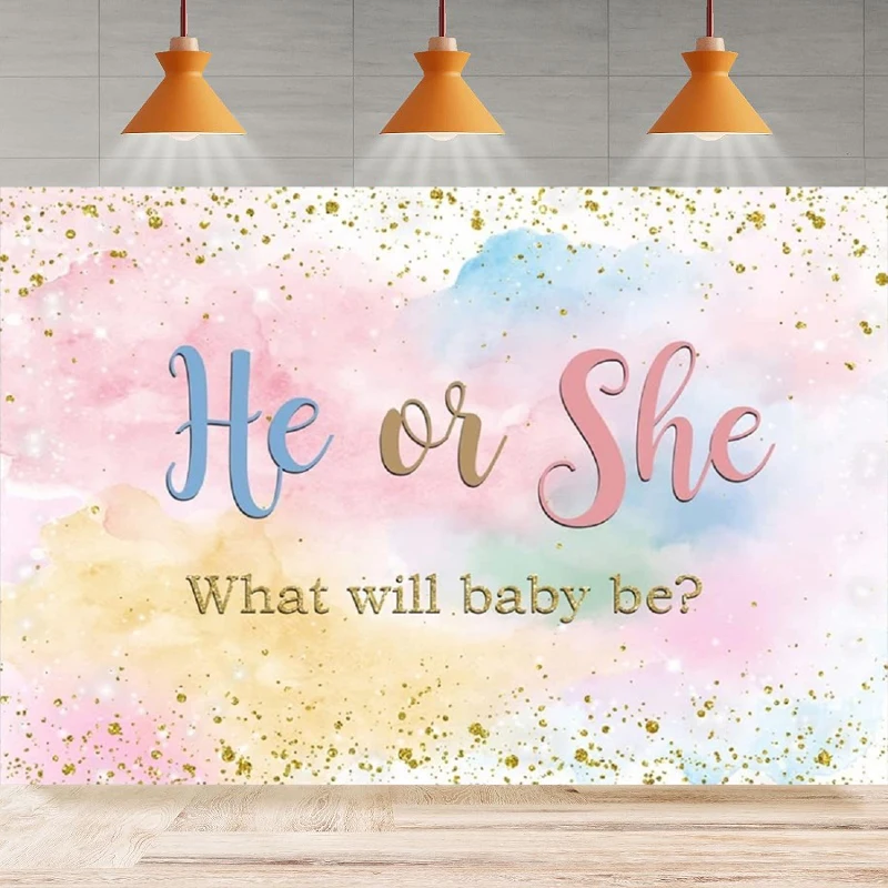 Watercolor Clouds He or She Gender Reveal Photography Backdrop Rainbow Baby Shower Background Party Backdrop Wall Banner Decor