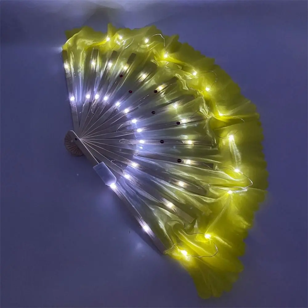 30.5cm bambu + 10cm meio círculo de seda chinês curto ventilador de dança do ventre iluminação 6 cores pares de véu yangko prop dança fãs de bambu