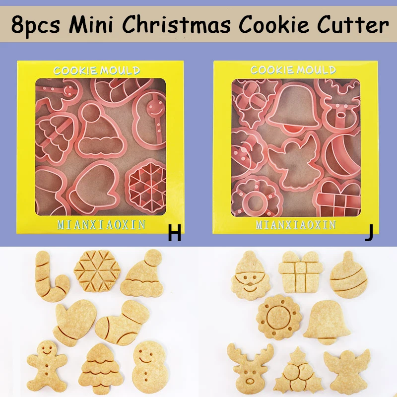 8Pcs Mini Christmas Cookie Cutter Set One-touch Molding 3d Raised Cookie Stamps Snowflake Baking Molds Christmas Ornament