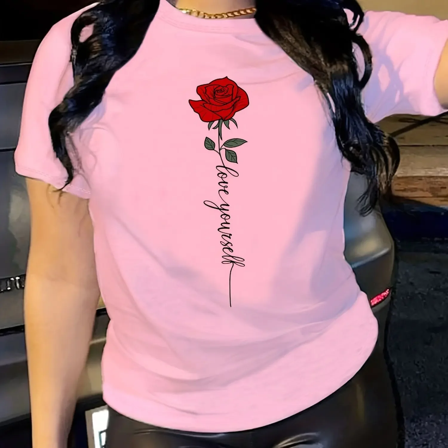 Letter & Rose Print T-Shirt Crew Neck Short Sleeve T-Shirt Casual Every Day Tops Women's Clothin Women Clothes