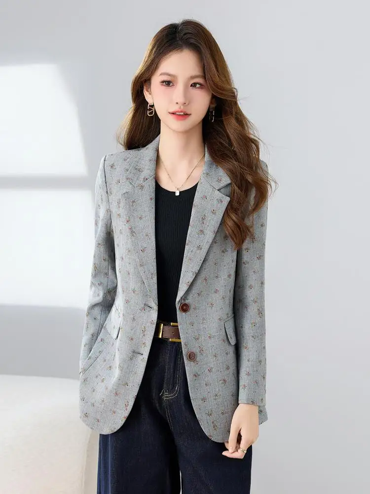 

Korean Version Retro Women Grey Print Long Sleeved Single Breasted Blazer Coat 2025 Autumn Temperament Vacation Tops Streetwear