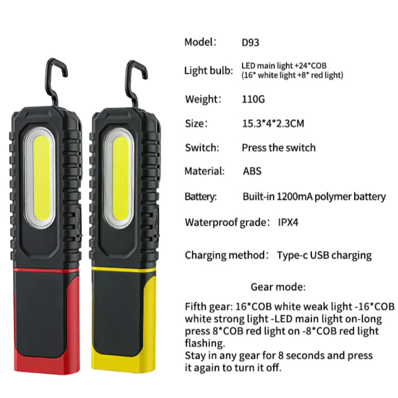 Multifunctional magnetic work light, long battery life, strong light for auto repair, LED repair flashlight