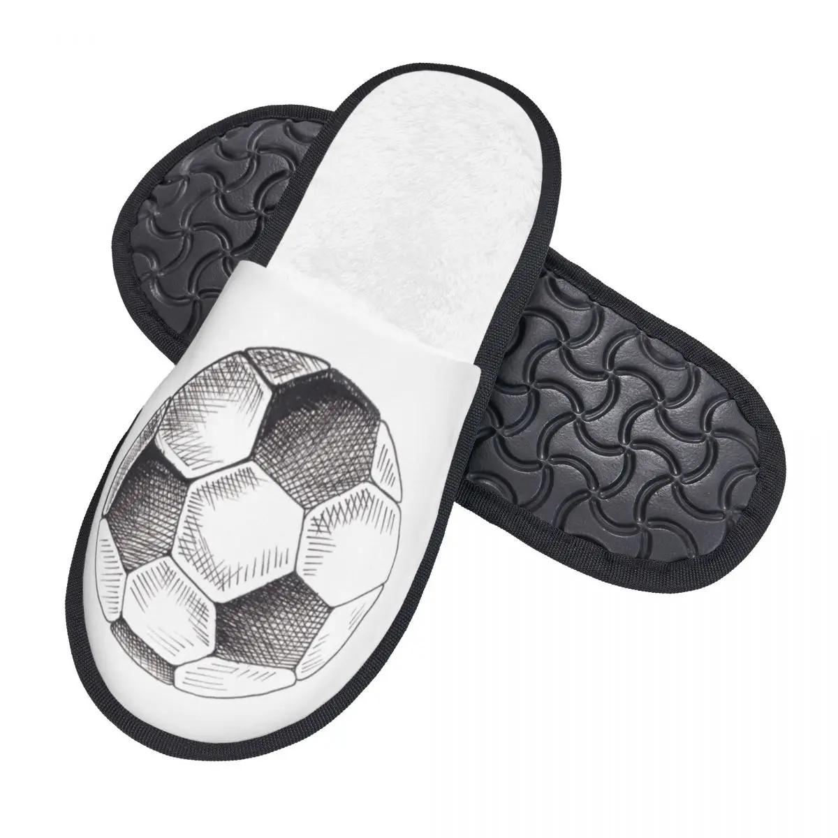 Schizzo disegnato a mano da calcio di pantofole da casa per palloni da calcio da donna in morbida Memory Foam Sport Slip On Spa Slipper Shoes