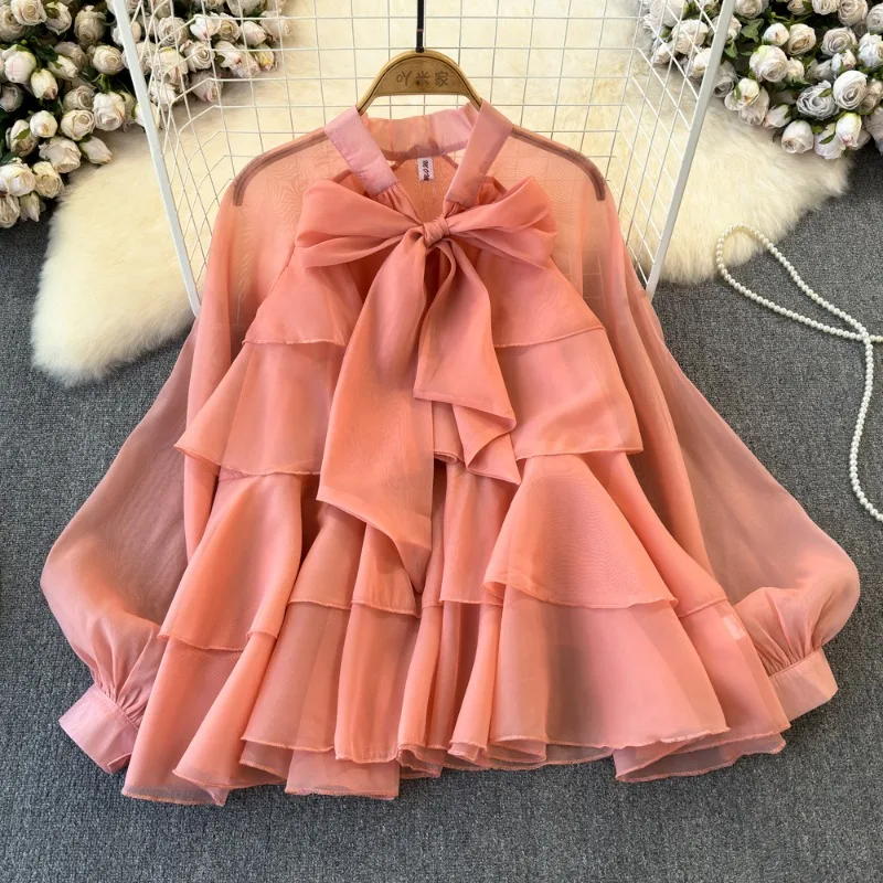 OCEANLOVE Chiffon Blouses Women Tops Ruffles Bow Thin Elegant Spring Summer Blusas Mujer Fashion Vintage Sweet Shirts