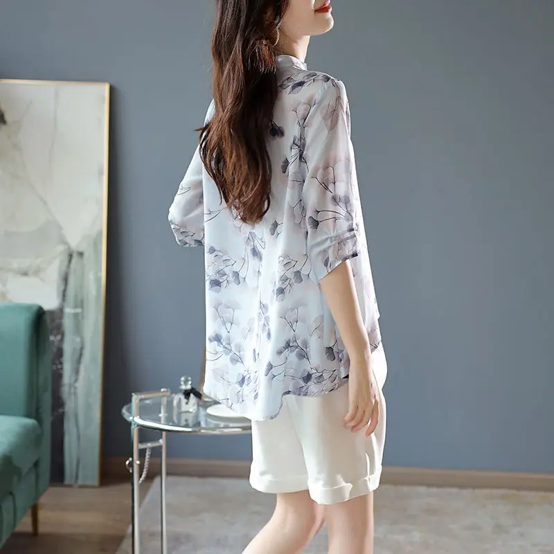 Women Summer Chinese Style Printing Loose Elegant O-neck 3/4 Sleeve Chiffon Shirts Women Clothes Casual Appear Thin Trend Tops