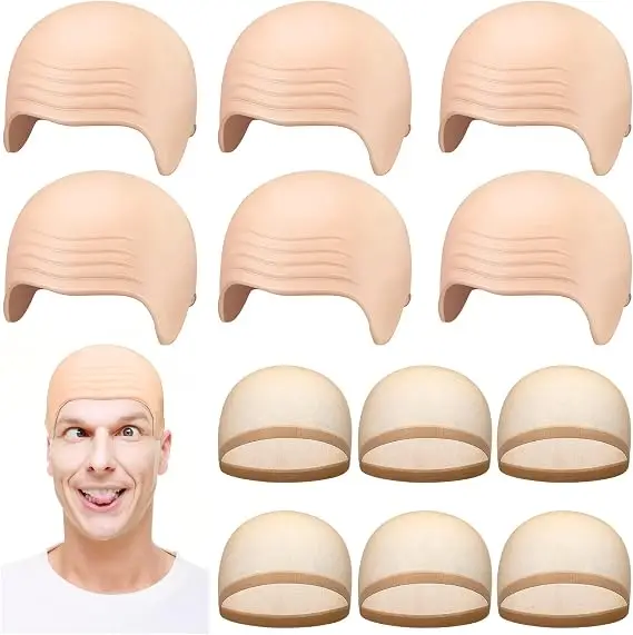 12 Pieces Halloween Bald Caps Set Includes 6 Pieces Latex Bald Cap and 6 Pieces Scull Cap for Women Men synthetic April Fools P