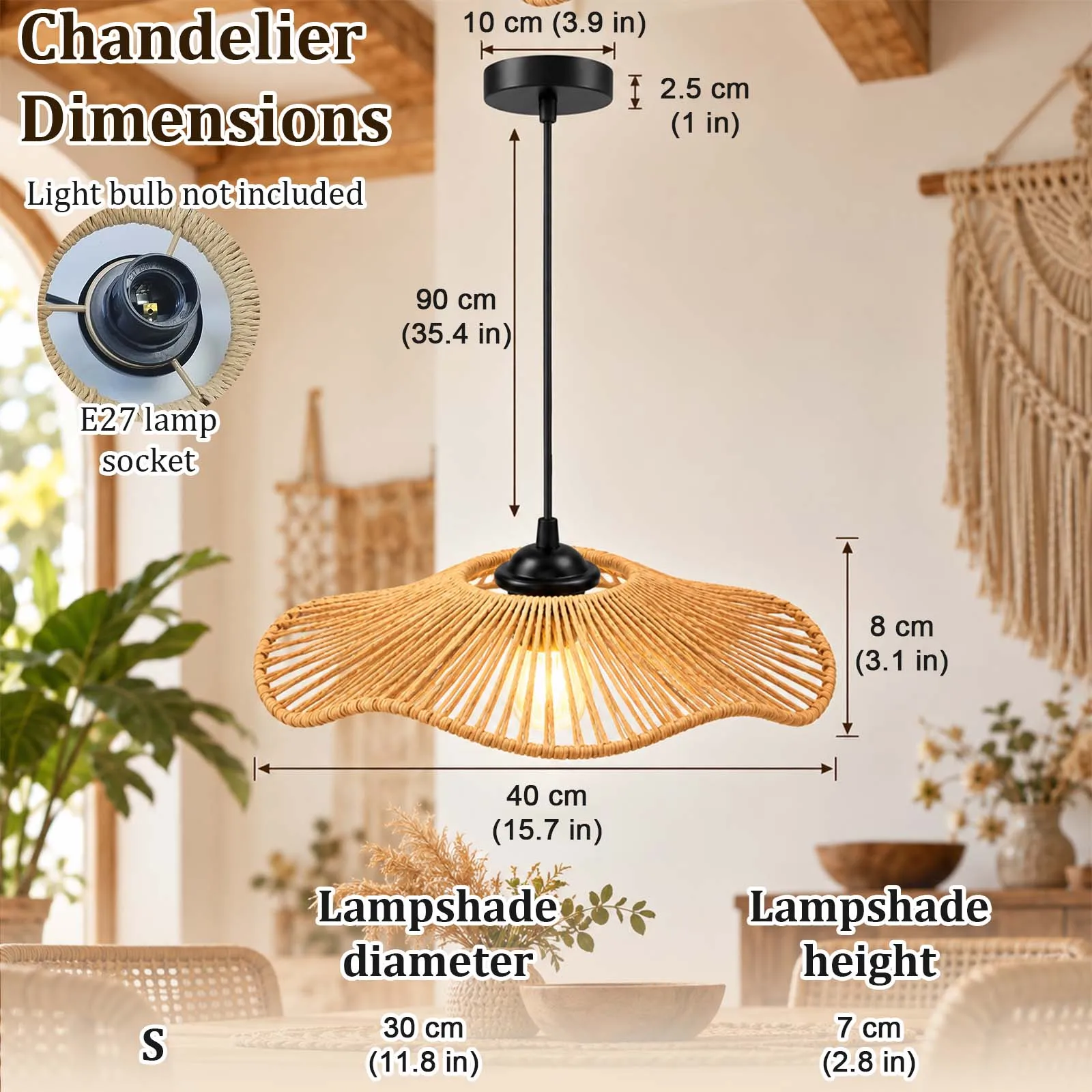 Chandelier, Straw Hand-Woven Pendant, Umbrella Shape, Radial Weave, E27, Japandi, Bedroom Foyer