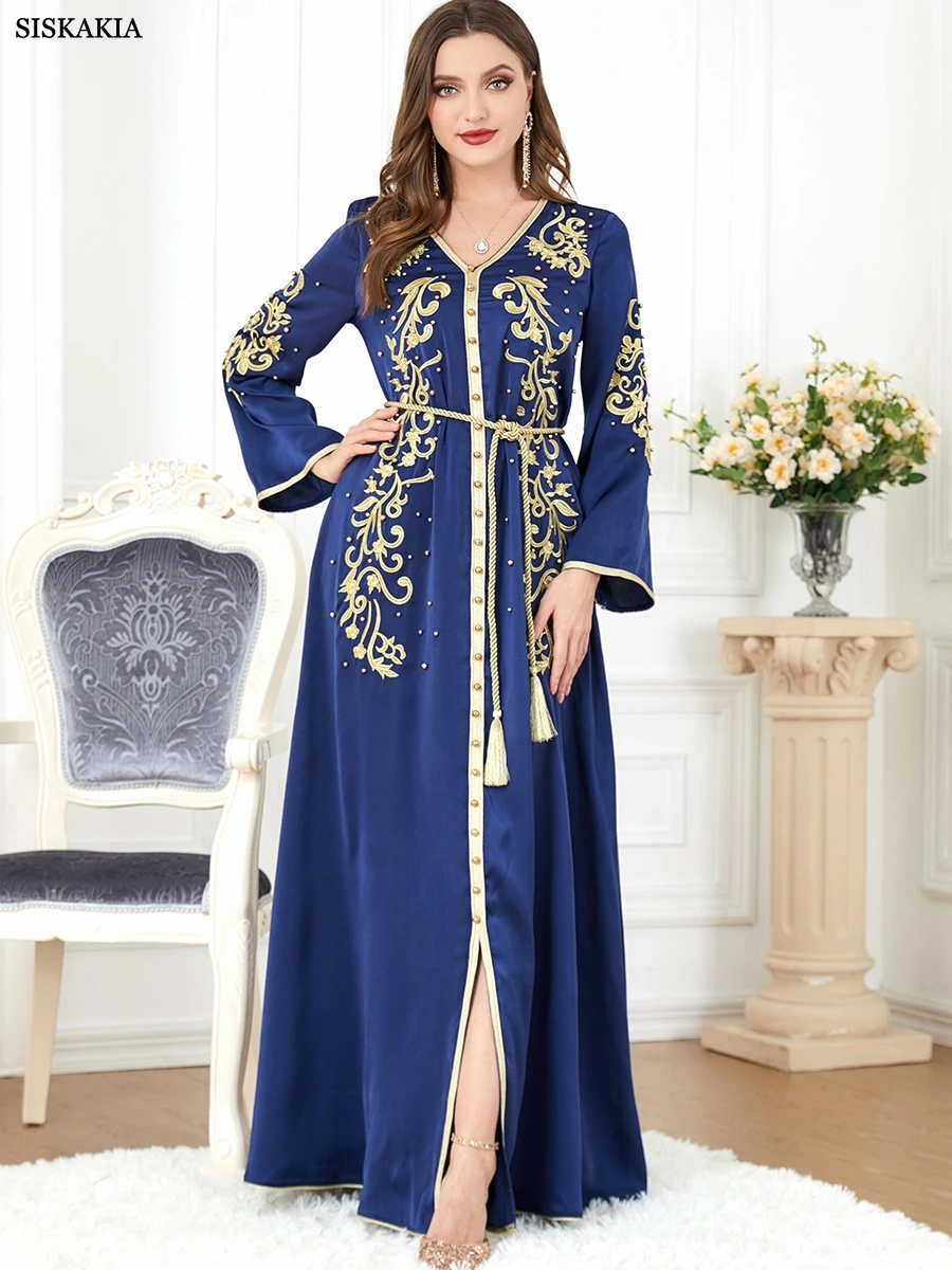 Siskakia Beading Luxurious Women\'s Evening Dress Long Sleeves Muslim Embroidery Abaya With Belt Fashion Elegant Evening Dress