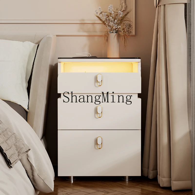 

FG Bedside Table Tempered Glass with Ambient Light Large Capacity Three-Drawer Bedroom Bedside Storage Cabinet