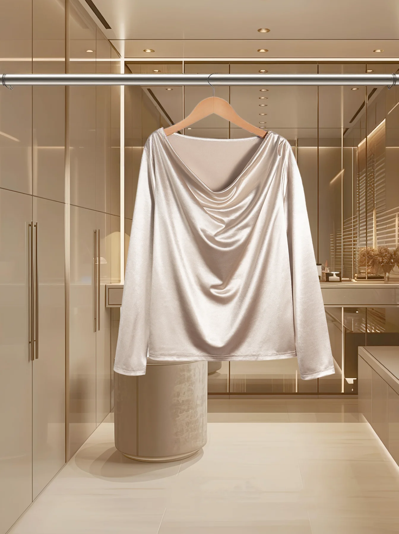 レディース トップス ゴールド サテン 長袖 カウルネック ラッフル エレガント 高級 春 秋 デイリー パーティー イブニング シャイニー シック ブラウス