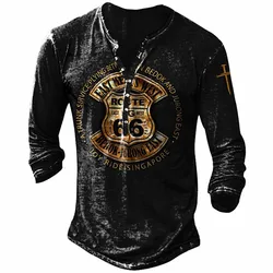 Vintage Men's Cotton T-shirts 3D Printed 66 Route Long Sleeve Tops Gothic Henley Shirt For Men Clothes Oversized Punk Streetwear