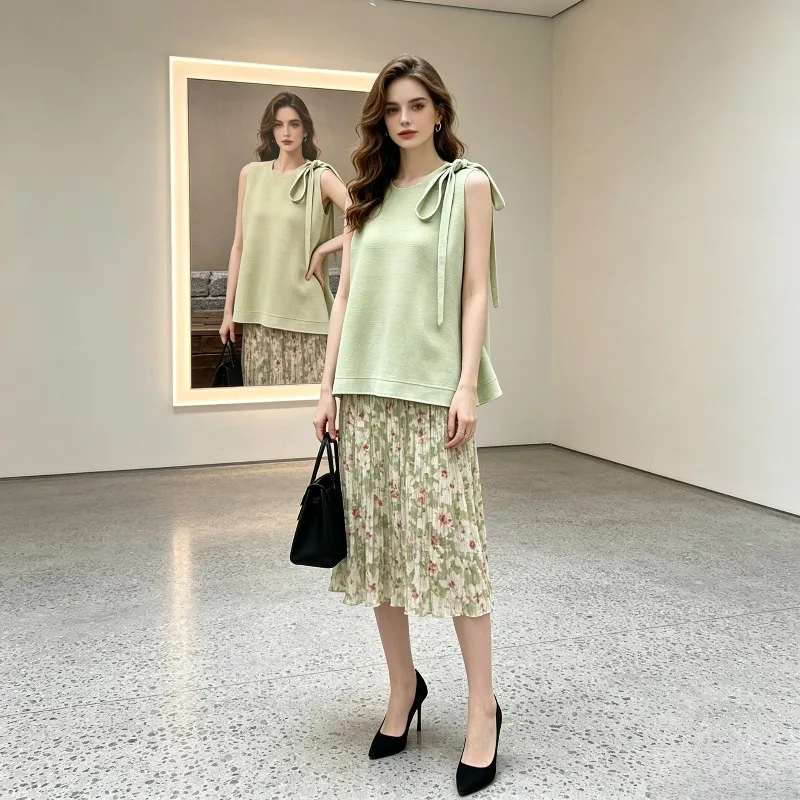 Miyake Pleated 2026 Summer New Pleated Elegant Fashion Floral Comfortable Tassel Skirt Women's Design Sense Casual Two-Piece Set