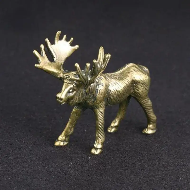Vintage Solid Brass Elk Figurine Creative Moose Statue Mini Tea Pet Ornament Desktop Art Craft Home Office Table Decoration
